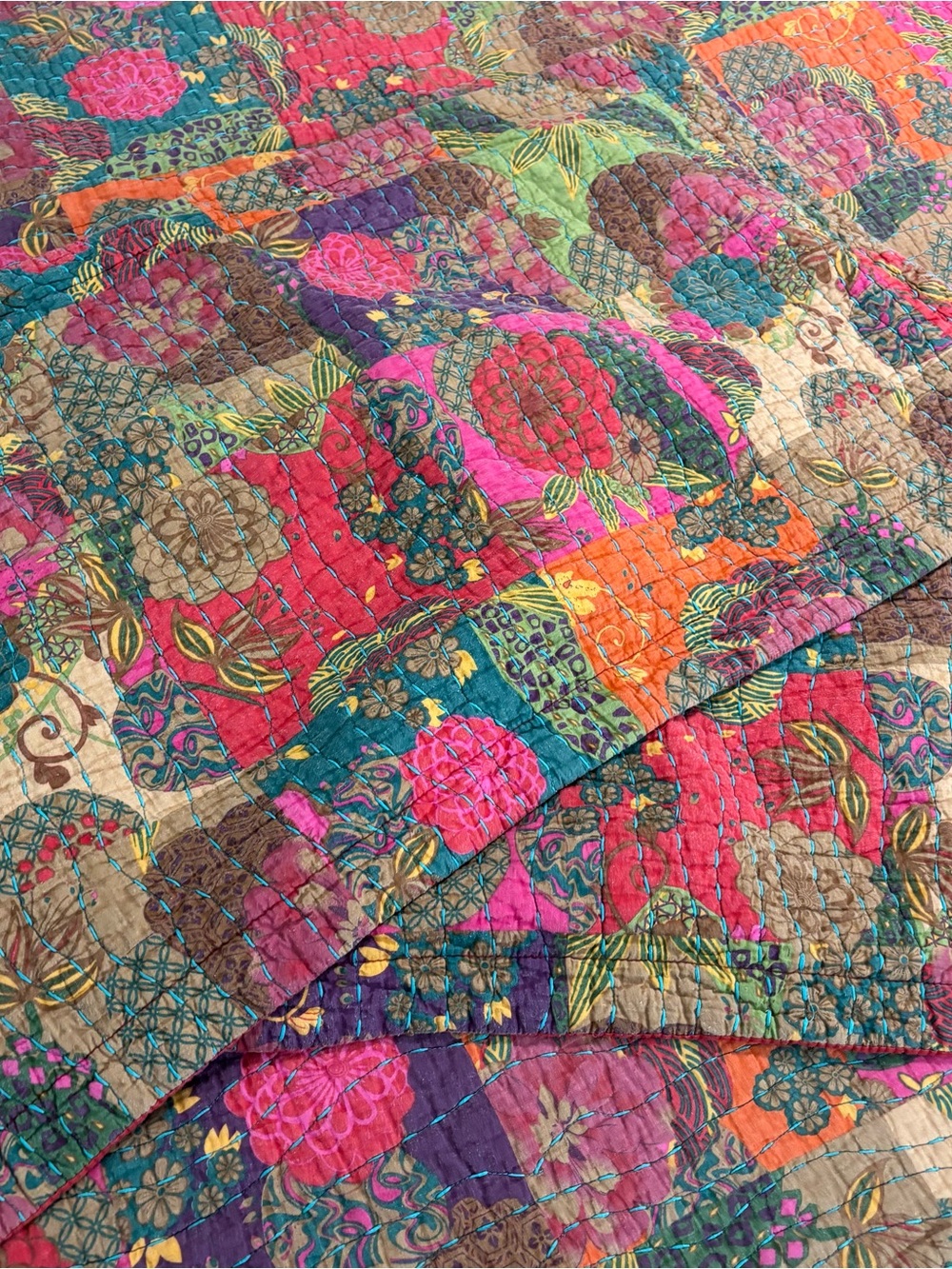 Greenland Home Fashions Jewel Quilt Set- King Size- Teal Pink Cozy Boho Stitch - Picture 6 of 10